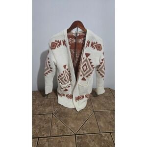 Warm & Cozy Lifestyle Southwestern Popcorn Knit Cardigan White Rust Large
